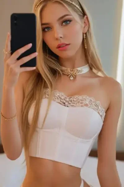 Casey is taking a mirror selfie in white lingerie with a confident pose.