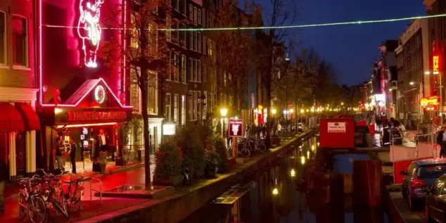 Scenic View of Amsterdam’s Red Light District at Dusk
