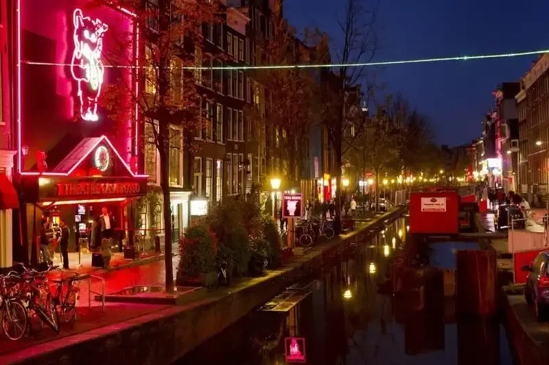 Scenic View of Amsterdam’s Red Light District at Dusk