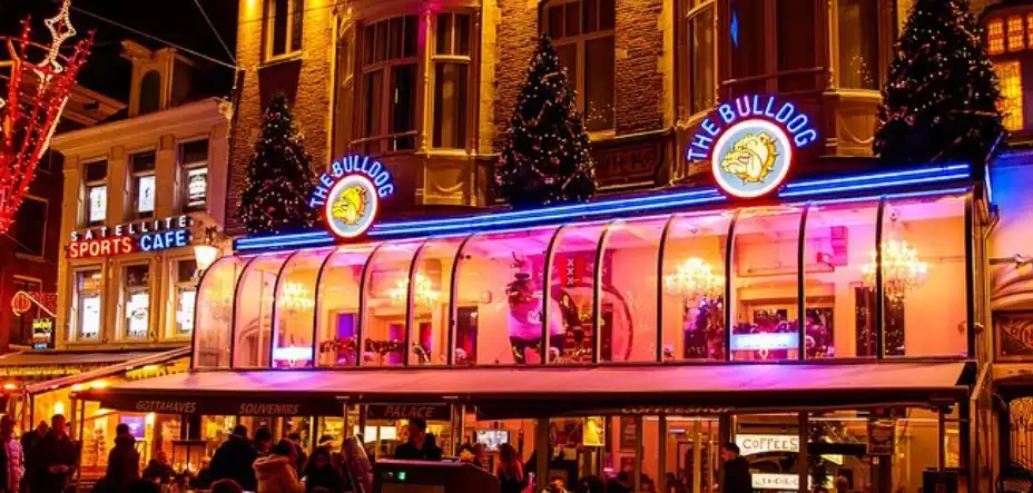 Entrance of The Bulldog Coffeeshop in Amsterdam’s Red Light District