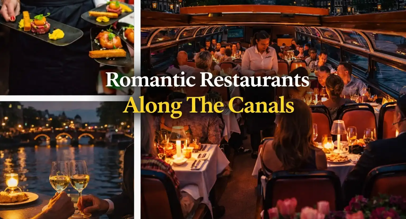 romantic restaurant along Amsterdam canals with candlelight dinner setting
